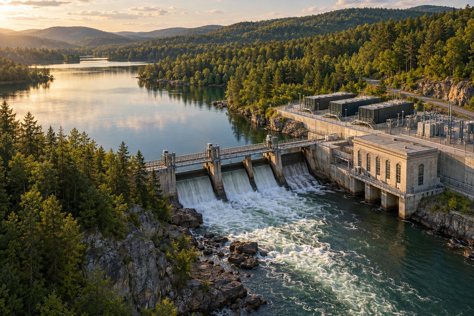 Conceptual rendering of modular AI data-center containers beside a hydroelectric dam